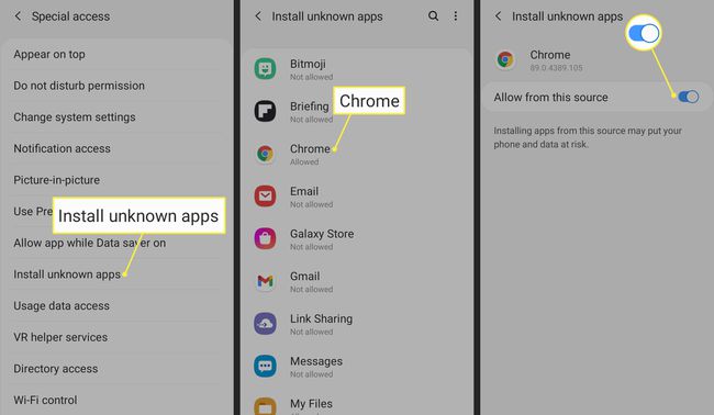 Asenna tuntemattomat sovellukset, Chrome ja Salli tästä lähteestä vaihtuvat Android-asetuksissa