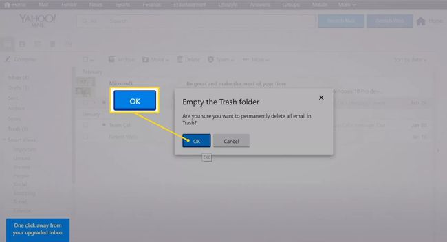 OK-painike Yahoo Mailissa Tyhjennä roskakori -valintaikkuna
