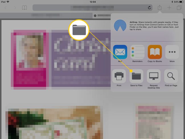 iPadin Safari-verkkoselain, jossa Tallenna tiedostoihin -valintaikkuna on korostettuna