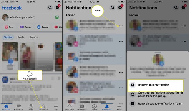 Facebook-sovellus ilmoituksilla (kellokuvake), lisää (kolme pistettä) ja poista tämä ilmoitus korostettuna
