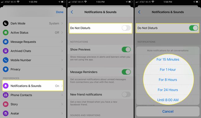 Messenger-sovellus, jossa on ilmoituksia ja ääniä, Älä häiritse ja aikavaiheet korostettuina