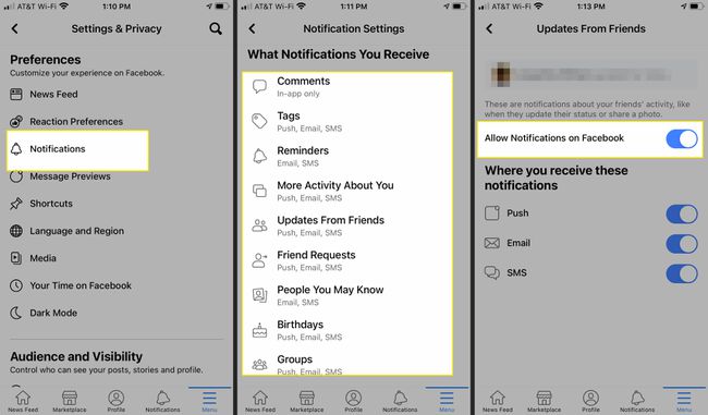 Facebookin ilmoitusasetukset ilmoitustyypeillä, painottaen Salli ilmoitukset Facebookissa