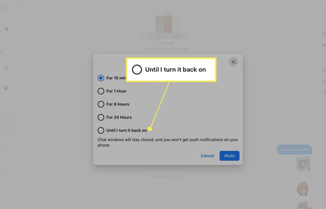 Messenger Mute -muunnosvaihtoehto "kunnes kytken sen takaisin päälle" on merkitty