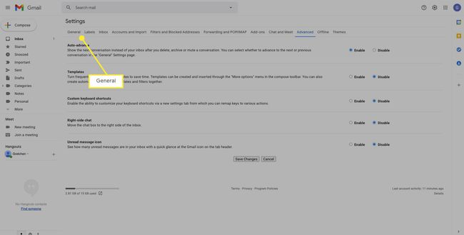 Gmail-asetukset Yleiset-välilehti korostettuna