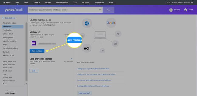 Yahoo Mail -asetukset, joissa 