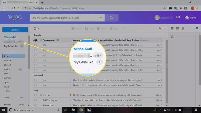 Yahoo Mail -postilaatikko, jossa on korostettuna lisäsähköpostitilit