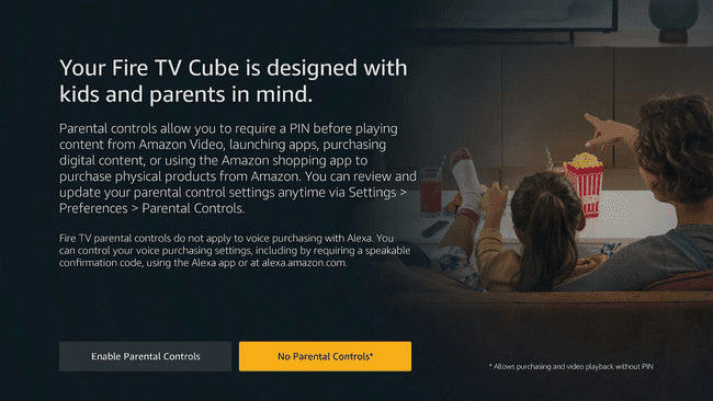 Ota käyttöön Fire TV Cube -asetuksiin merkittyjä lapsilukkotoimintoja ja ei lapsilukkoa.