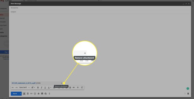 Kuvakaappaus Gmail-viestistä, jossa on korostettuna Poista liite -painike