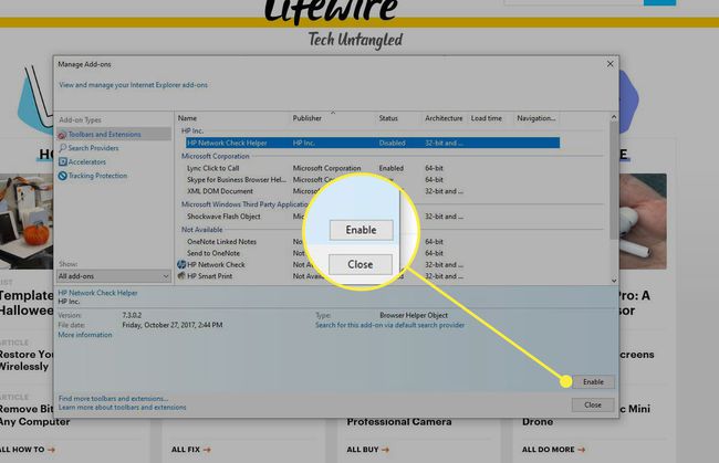 Ota käyttöön -painike lisäosan käyttöön Internet Explorerissa