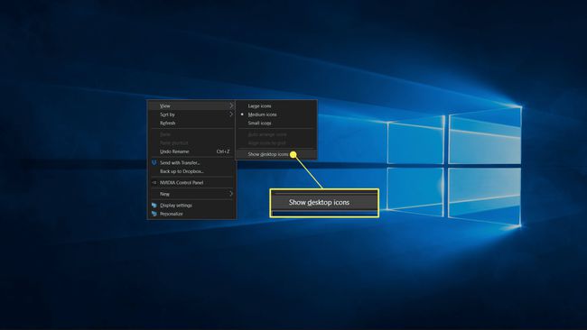 Windows 10:ssä piilotetut työpöydän kuvakkeet, joissa Näytä työpöydän kohteet on valittuna