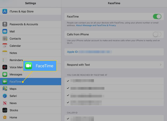 FaceTime iPadin asetuksissa