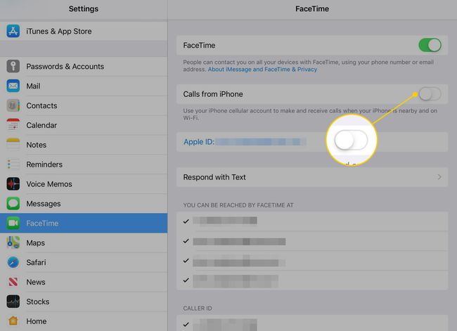 "Puhelut iPhonesta" -kytkin iPadin FaceTime-asetuksissa
