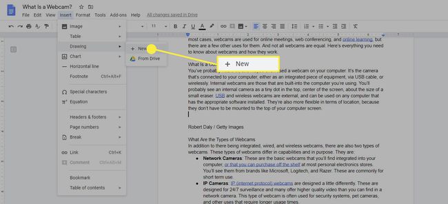 Uusi piirustus -vaihtoehto Google-dokumenteissa.