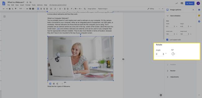 Kuvien kiertovaihtoehdot Google Docsissa.