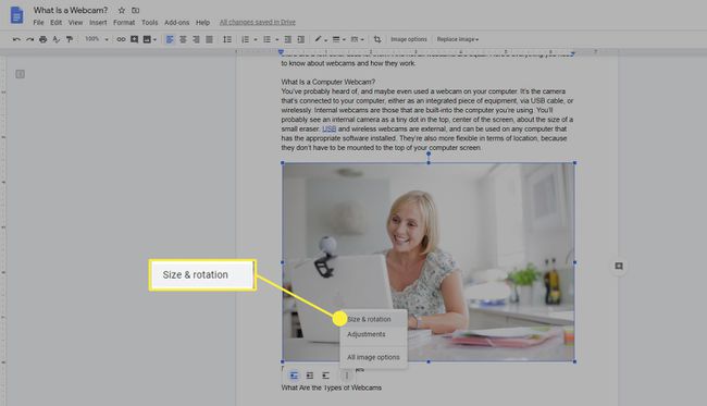 Kuvan koko ja kierto -vaihtoehto Google-dokumenteissa.