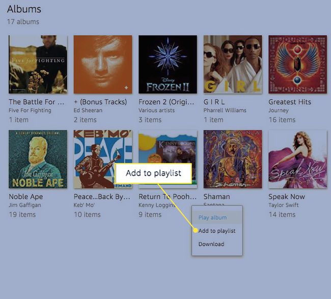 "Lisää soittolistaan" -komento albumille Amazon Musicissa