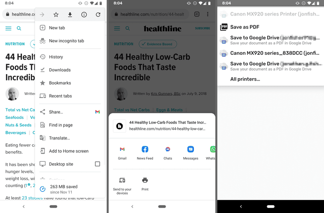 Kuvakaappaukset Tallenna PDF-muodossa -vaihtoehdosta Chrome Androidille -sovelluksessa