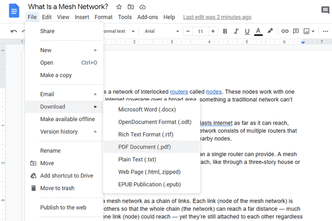 Kuvakaappaus lataus PDF-muodossa -vaihtoehdosta Google Docsissa