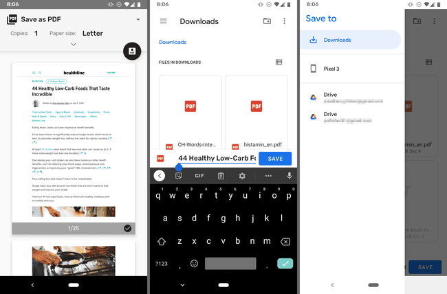 Kuvakaappauksia Chrome for Androidille PDF-tiedoston tallentamisesta