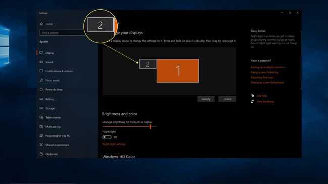 Näyttö numero 2 korostettuna Windowsin näyttöasetuksissa.