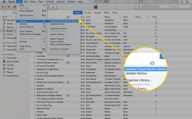 iTunes, jossa polku Päivitä iCloud-musiikkikirjastoon on korostettuna