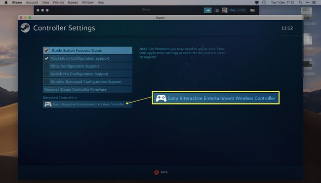 Steam-sovellus, jossa Controller-asetukset on auki ja Sony Wireless Controller korostettuna