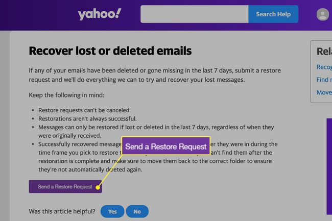 Yahoo Mail Lähetä palautuspyyntösivu