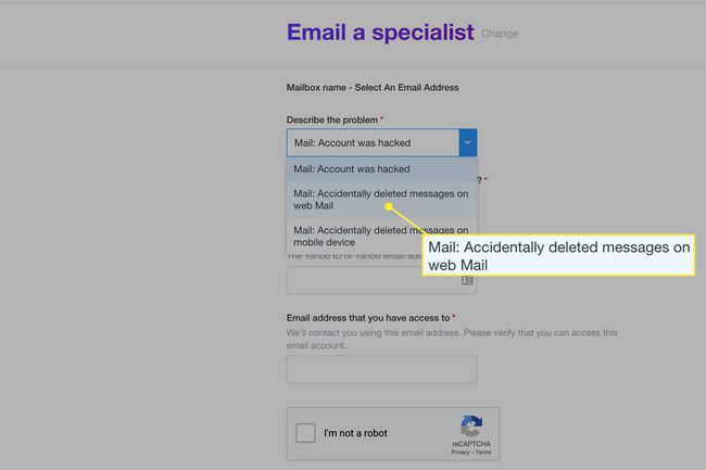 Yahoo Mail "Lähetä sähköpostia asiantuntijalle" -sivu