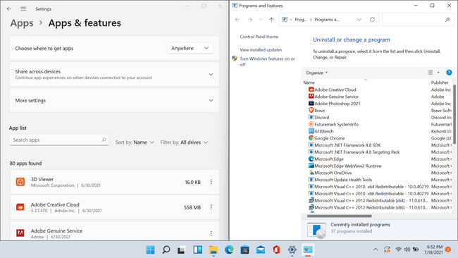 Uudet sovellukset ja ominaisuudet sekä vanhat ohjelmat ja ominaisuudet rinnakkain Windows 11:ssä.