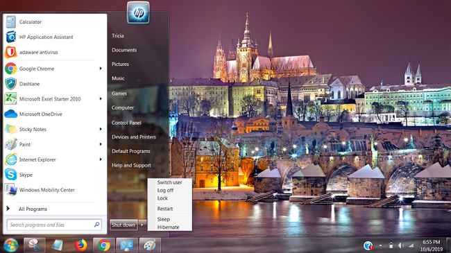 Näyttökuva, jossa näkyy Sammuta Windows 7:n Käynnistä-valikossa