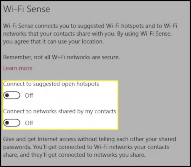 Windows 10 Wi-Fi Sense -asetukset