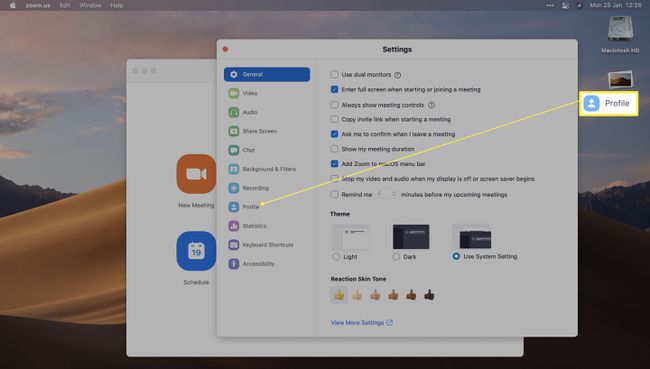 Zoomaa työpöytäsovelluksen asetukset Profiili korostettuna