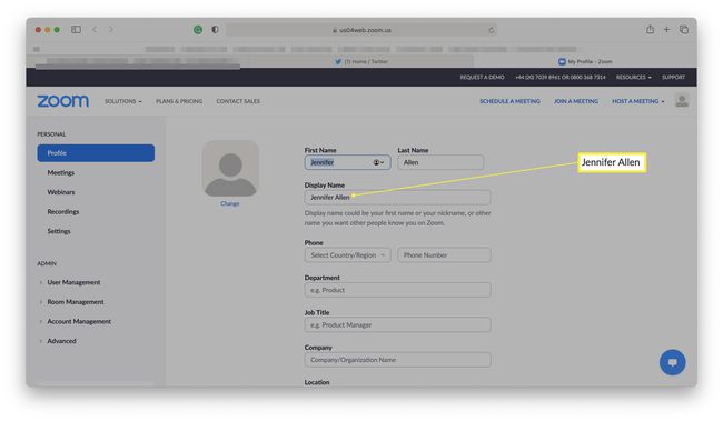 Näyttönimi korostettuna Zoom-verkkosivuston asetuksissa