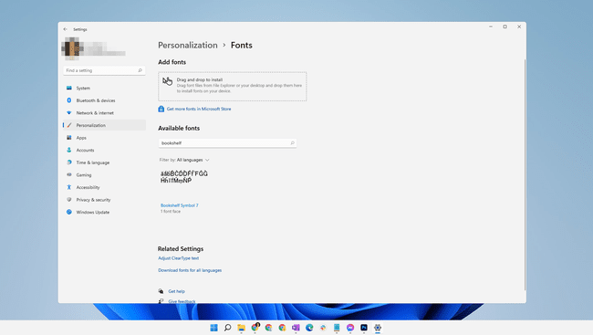Font Bookshelf Symbol 7 Windows 11:n asetuksissa