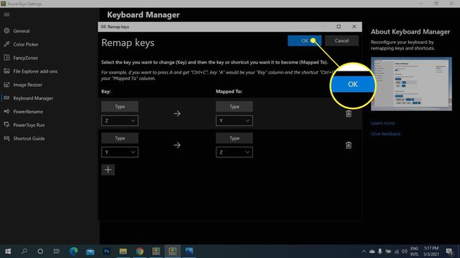 OK korostettuna PowerToys Reassign Keys -näytössä