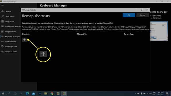 Plus (+) kohdassa Pikakuvake korostettuna Microsoft PowerToysin Reassign Shortcuts -näytössä