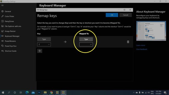 Kohdassa Mapped To Microsoft PowerToysin Remap Keys -näytössä