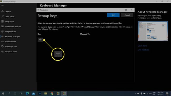 Plus (+) korostettuna Microsoft Power Toys Remap Keys -näytössä