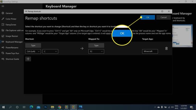 Merkitty OK PowerToys Reassign Shortcuts -näytössä