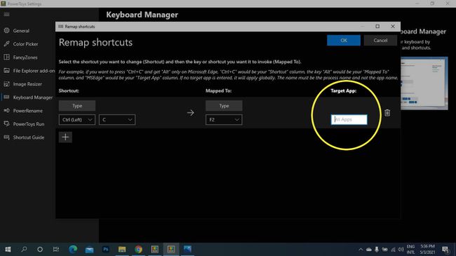 Kaikki sovellukset Kohdesovellukset-kohdassa Microsoft PowerToysin Remap Shortcuts -osiossa