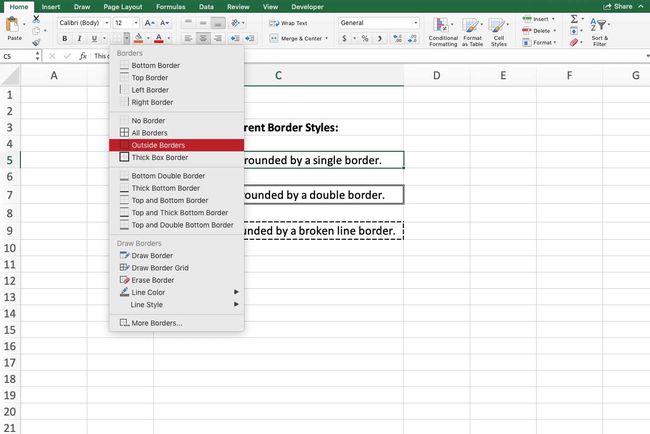 Excel näyttää, kuinka voit lisätä reunuksia nauhasta