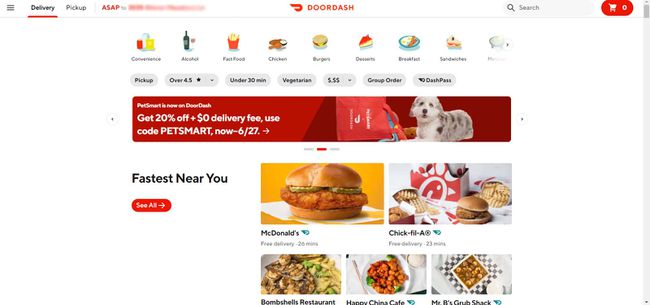 DoorDash-kotisivu asiakkaan kirjautumisen jälkeen.