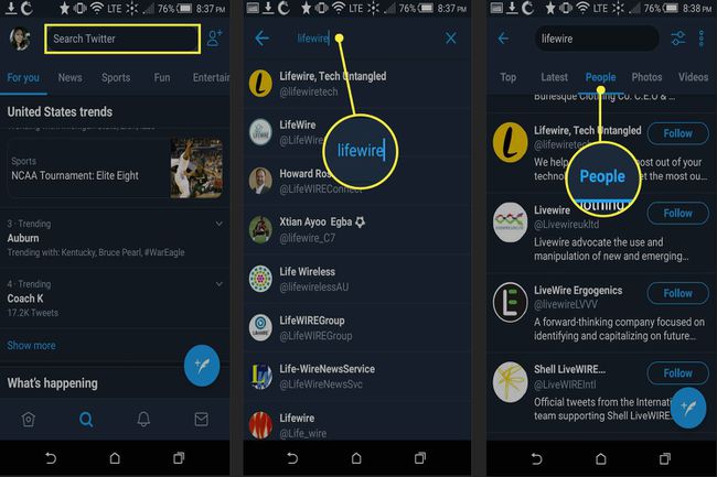 kuinka etsiä nimellä Android-puhelimen twitter-mobiilisovelluksessa.