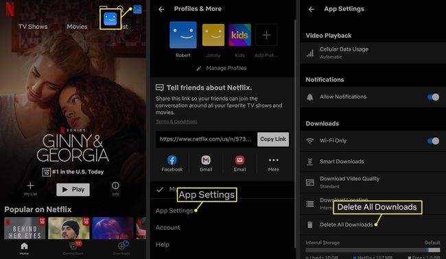 Poista profiilikuvake, sovellusasetukset ja kaikki Netflix-sovelluksessa korostetut lataukset