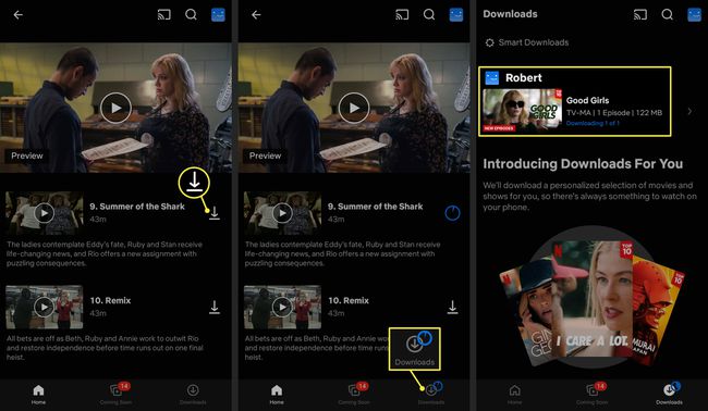 Latauskuvakkeet ja ladatut jaksot korostettuina Netflix-sovelluksessa