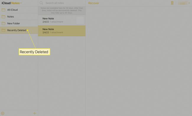 iCloud Notes -sovellus, jossa on Äskettäin poistettu -vaihtoehto