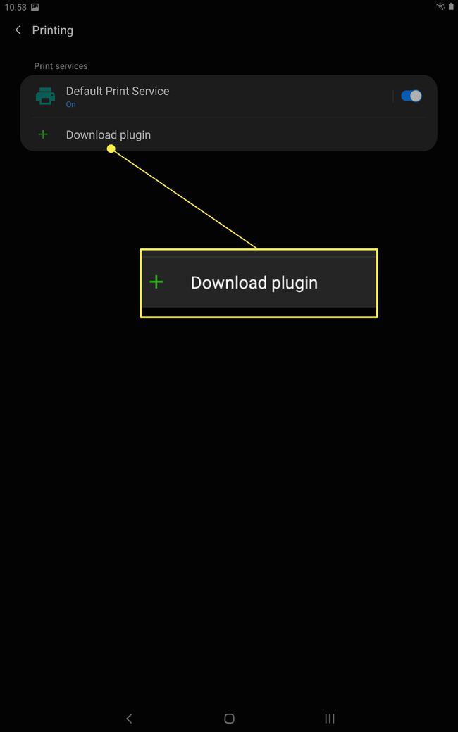 Samsungin tablet-tulostimen palveluvalikon esiasennus ja Download Plugin korostettuna