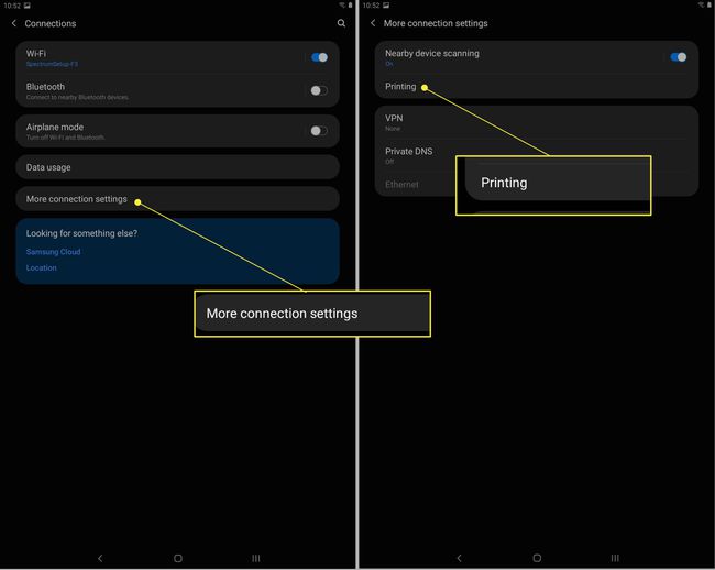 Samsung-tabletin yhteysvalikko asetuksissa, joissa "Lisää yhteysasetuksia" ja "Tulosta" on korostettuna