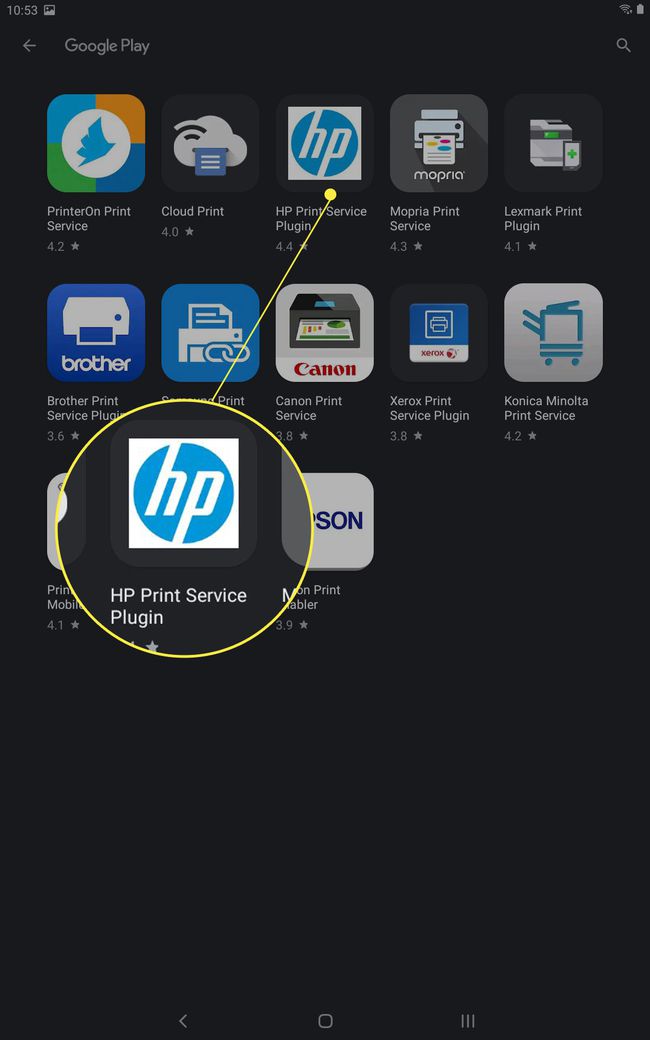 Samsungin tablet-tulostinlaajennus Google Play Kaupassa HP-laajennus korostettuna