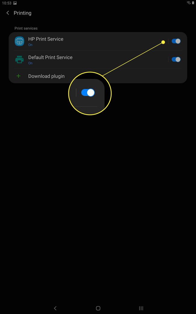 Ota Samsung Tablet Printer Plugin käyttöön niin, että Päälle-kytkin on korostettuna